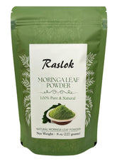 Raslok Moringa Powder bottle and 100% pure Moringa leaf powder close-up