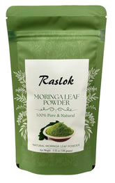 Raslok Moringa Powder bottle showing 100% Pure Moringa Leaf with no stems