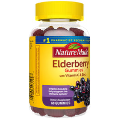 Raspberry-flavored elderberry immune-support gummies on white background.