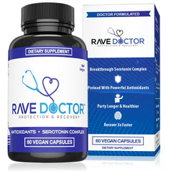 Product packaging of Rave Doctor 5-HTP supplement