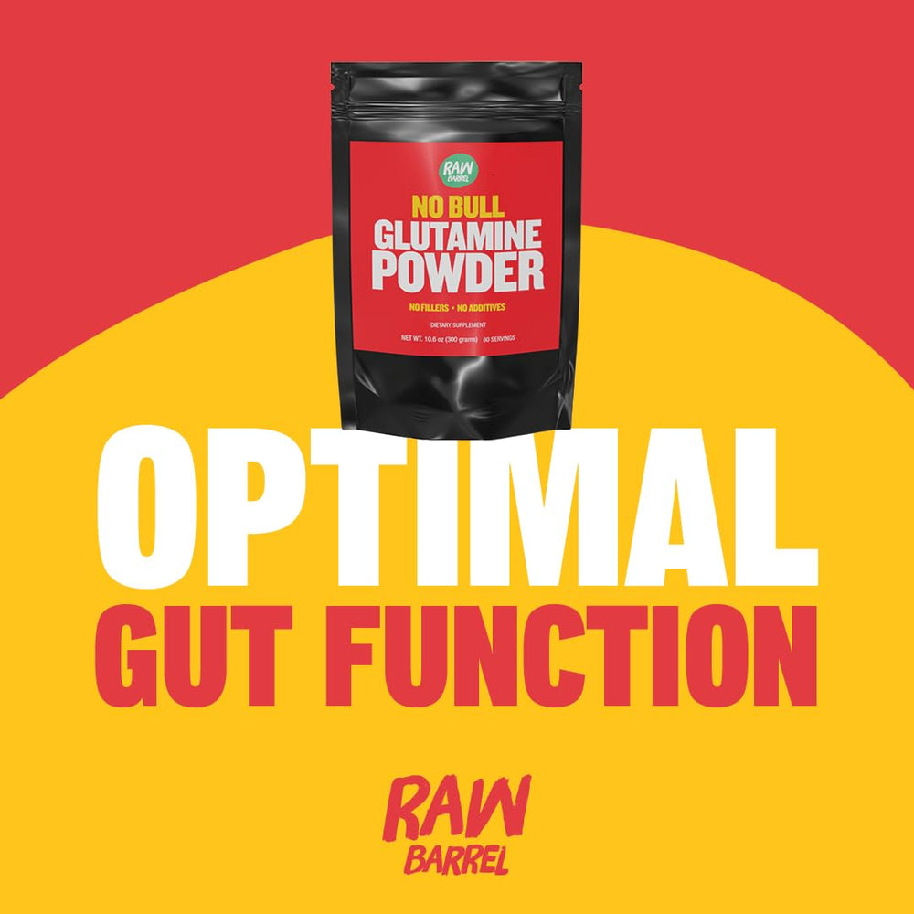 Back label with nutrition facts on Raw Barrel No Bull L-Glutamine Powder