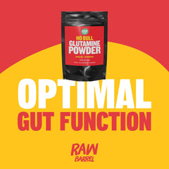 Back label with nutrition facts on Raw Barrel No Bull L-Glutamine Powder