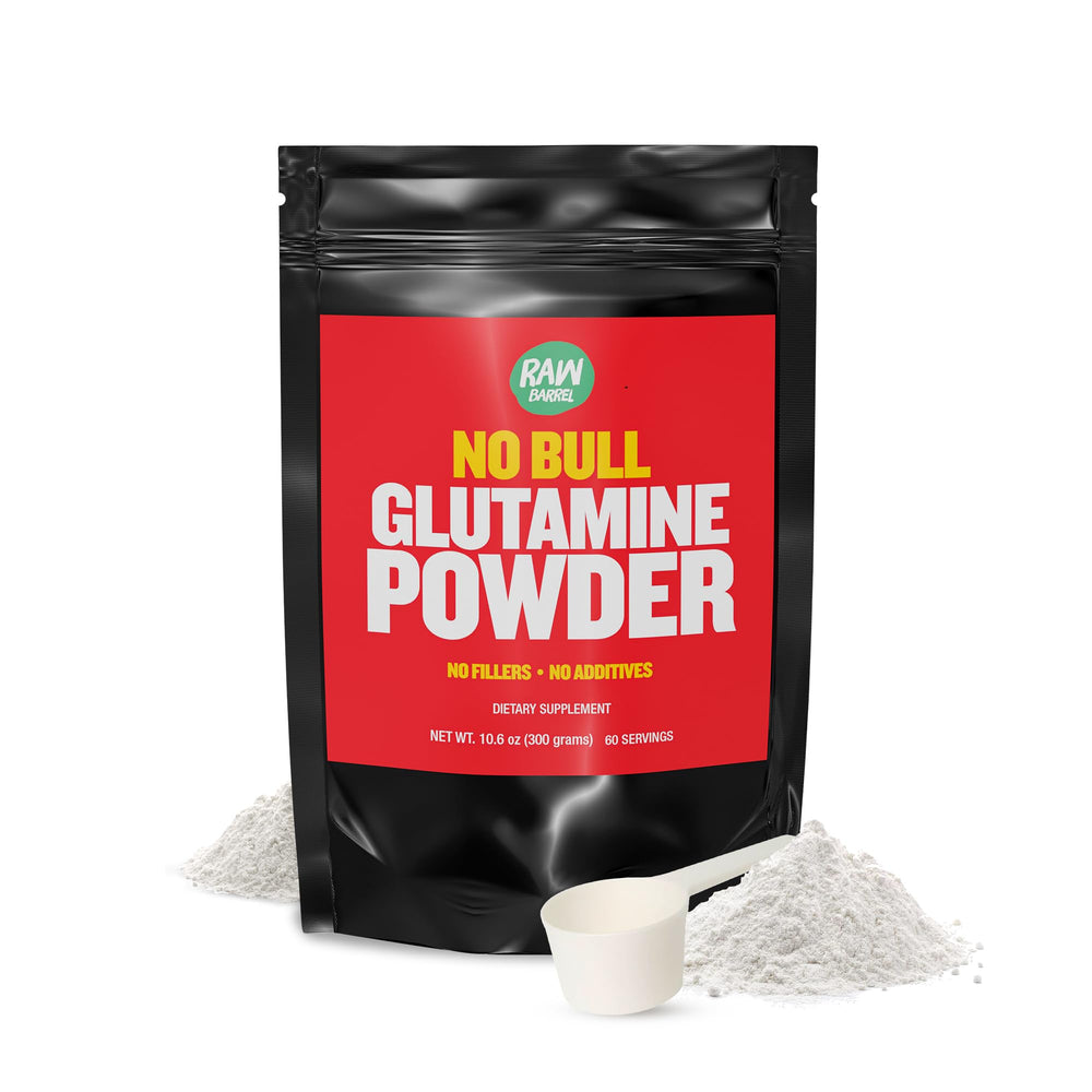 Front view of Raw Barrel No Bull L-Glutamine Powder 300g bottle