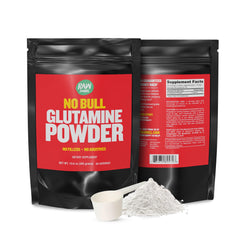 Product packaging showing Raw Barrel No Bull L-Glutamine bottle
