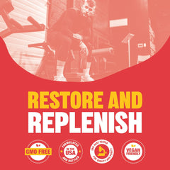 Scoop of L-Glutamine powder next to the container