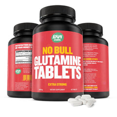 Stack of Raw Barrel No Bull L-Glutamine bottles