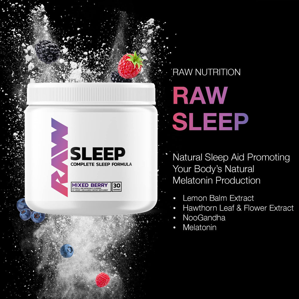 RAW Sleep Aid Mixed Berry packaging and bottle