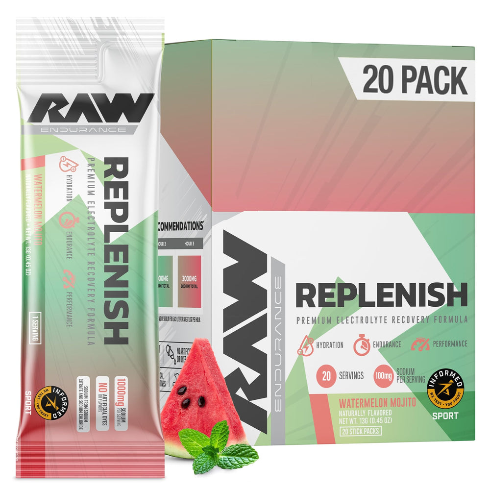 RAW Replenish Watermelon Mojito stick-pack for on-the-go hydration and electrolyte balance.