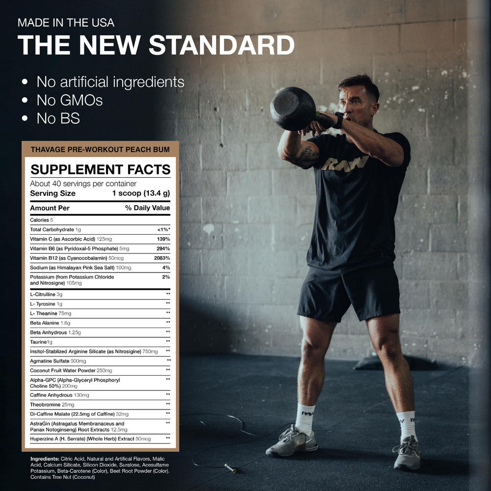 RAW Thavage powder scoop measuring a serving for consistent preworkout boosts