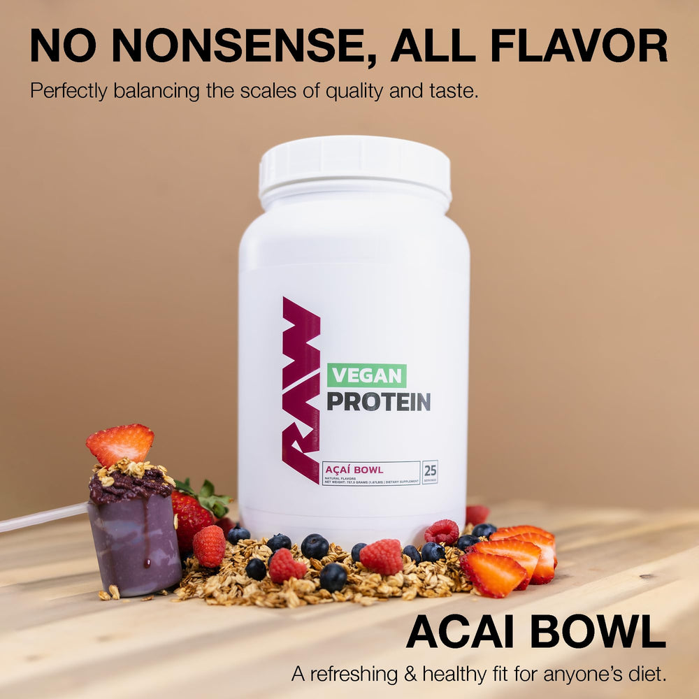 RAW Vegan Protein Acai Bowl bottle emphasizes fortified vitamins for recovery-inspired routines