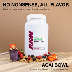 RAW Vegan Protein Acai Bowl bottle emphasizes fortified vitamins for recovery-inspired routines