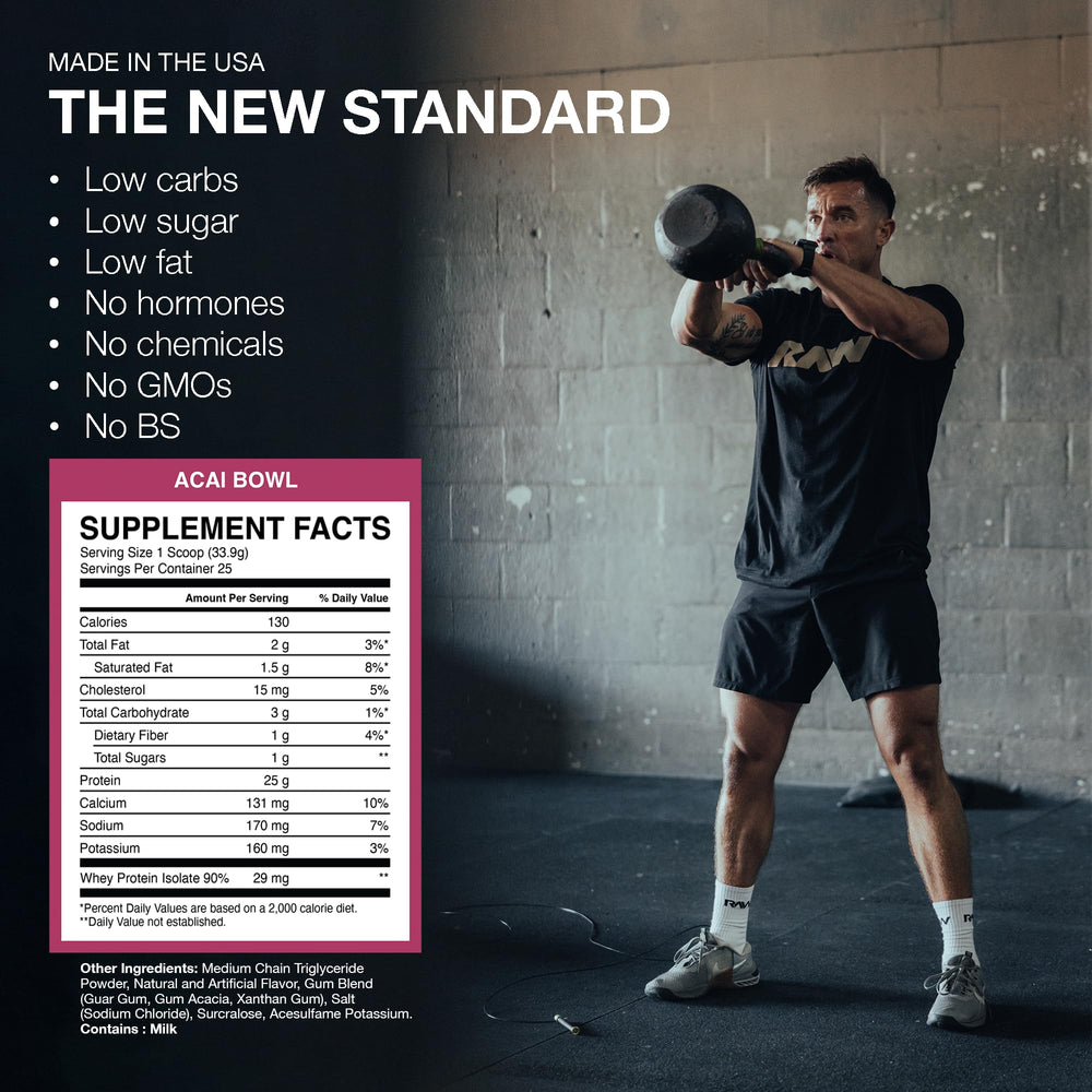 RAW Vegan Protein Acai Bowl ingredients highlight pea, brown rice, fava, and mung beans