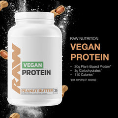 RAW Vegan Protein Powder peanut butter tub labeled with vitamins and low fat and carbs