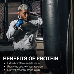 Nutrition facts showing 25 g protein per scoop, 0.5 g fat, 1 g carbs