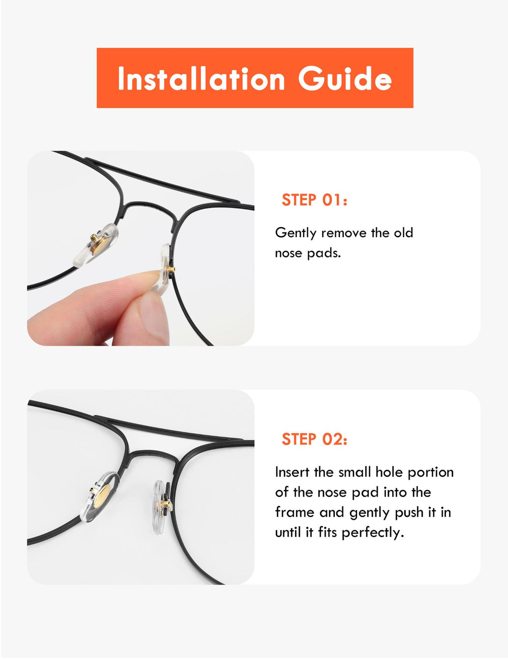 Includes 20 pairs of nose pads; frames and lenses not included