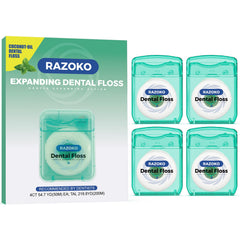 RAZOKO coconut oil expanding dental floss mint 55 yards 4-pack box art 1