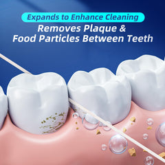 Close-up of expanding floss designed for wide spaces with mint flavor