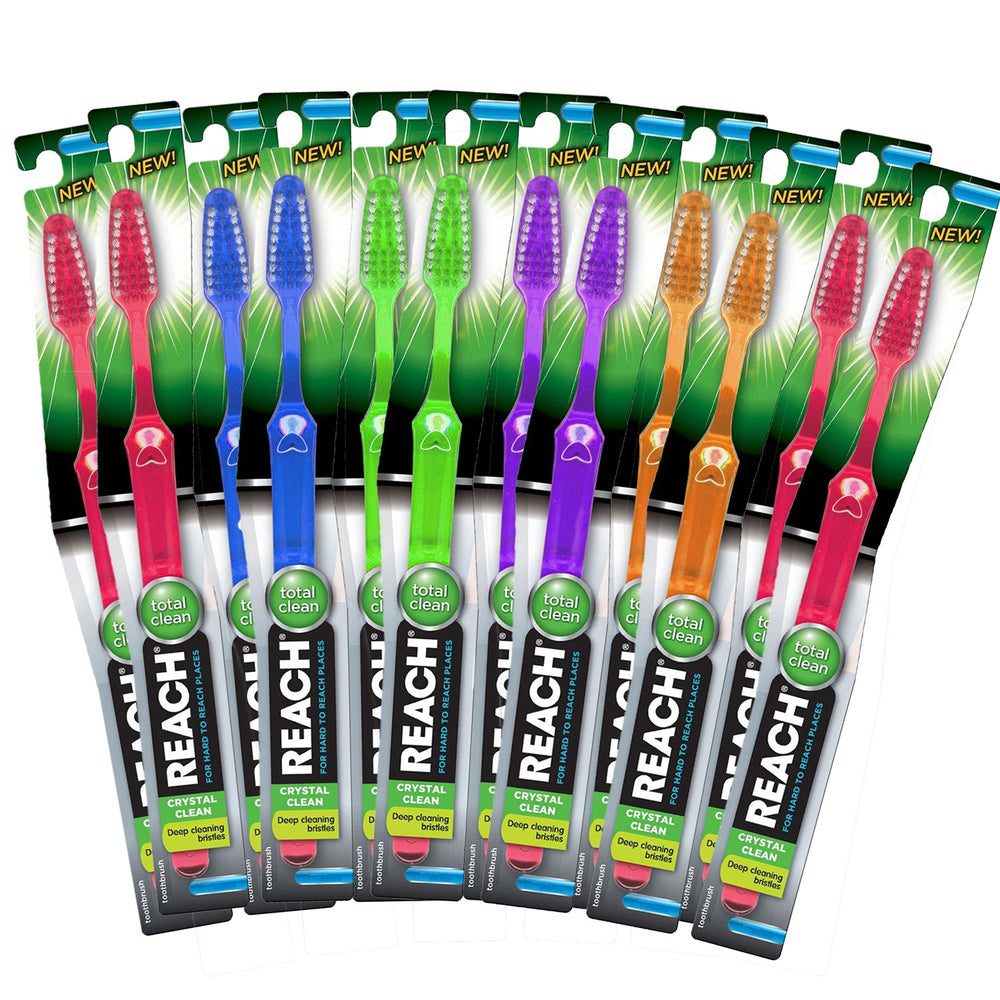 Crystal Clean Soft Reach toothbrush with bi-level soft bristles and angled neck in assorted colors