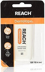 Reach Dentotape waxed dental floss with extra-wide cleaning surface for wide spaces between teeth, unflavored, 100 yards per spool, 6-pack
