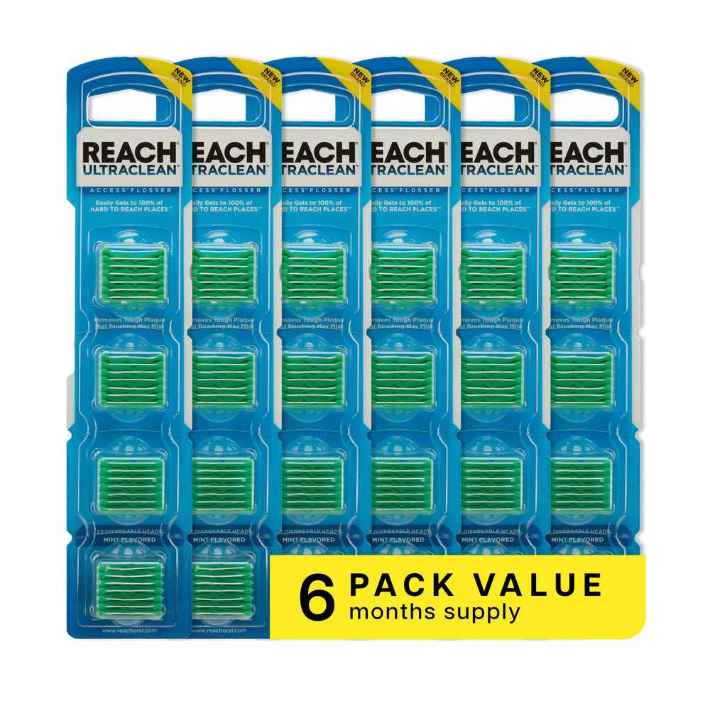 Box and pack of REACH Ultraclean Access Flosser Refill Heads, Mint flavor, 28-count, 6-pack