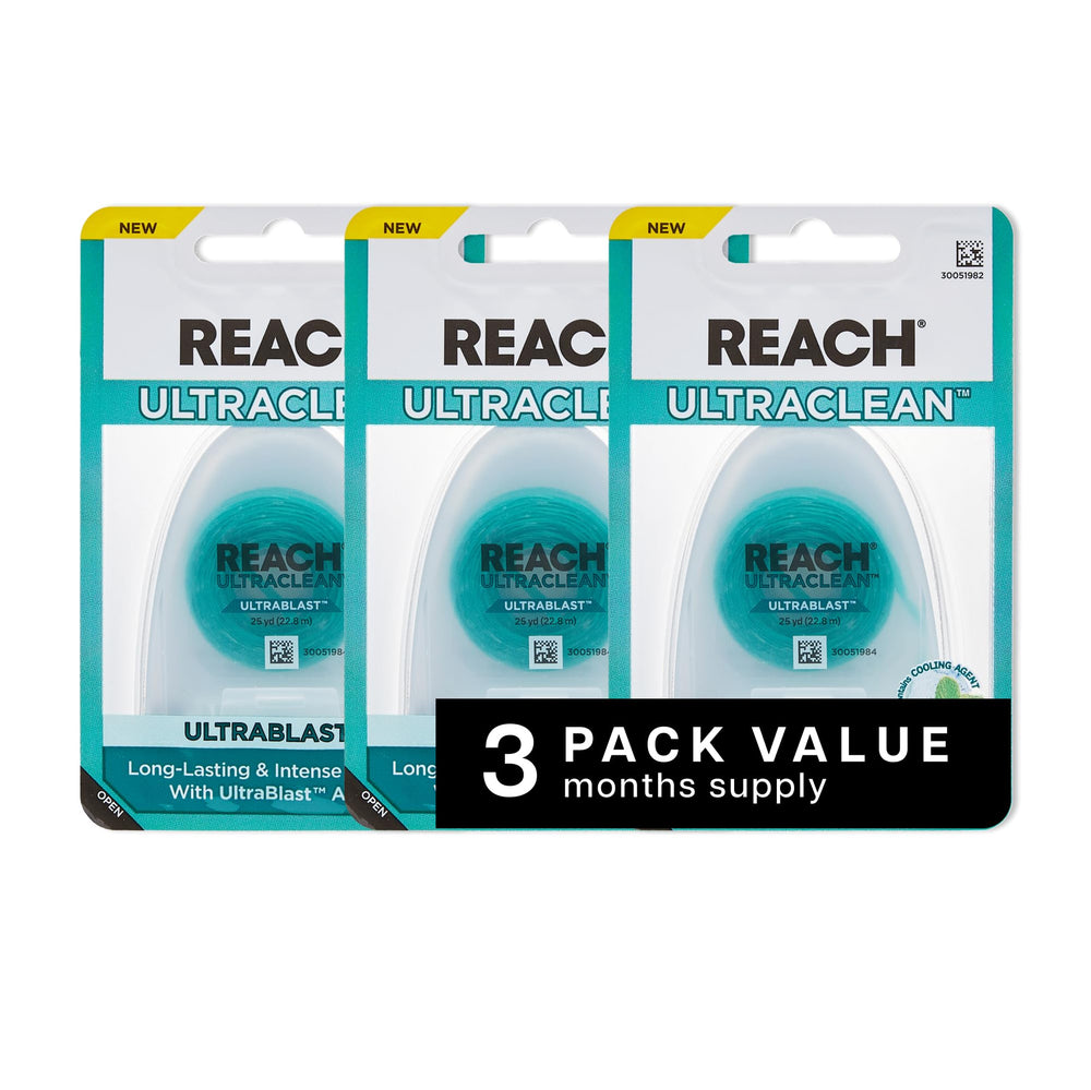 Close-up of REACH Ultraclean Ultrablast Mint Dental Floss, waxed and mint-scented