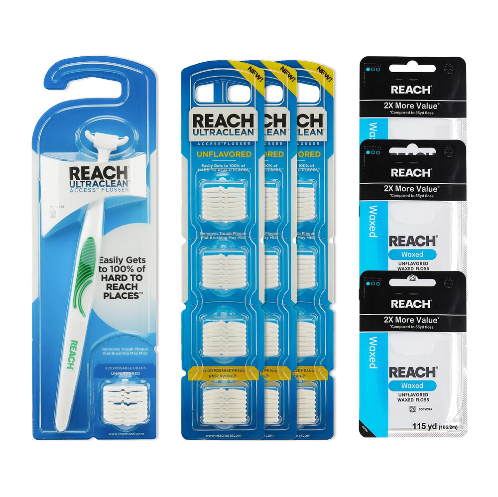 REACH unflavored oral hygiene bundle with flosser kit