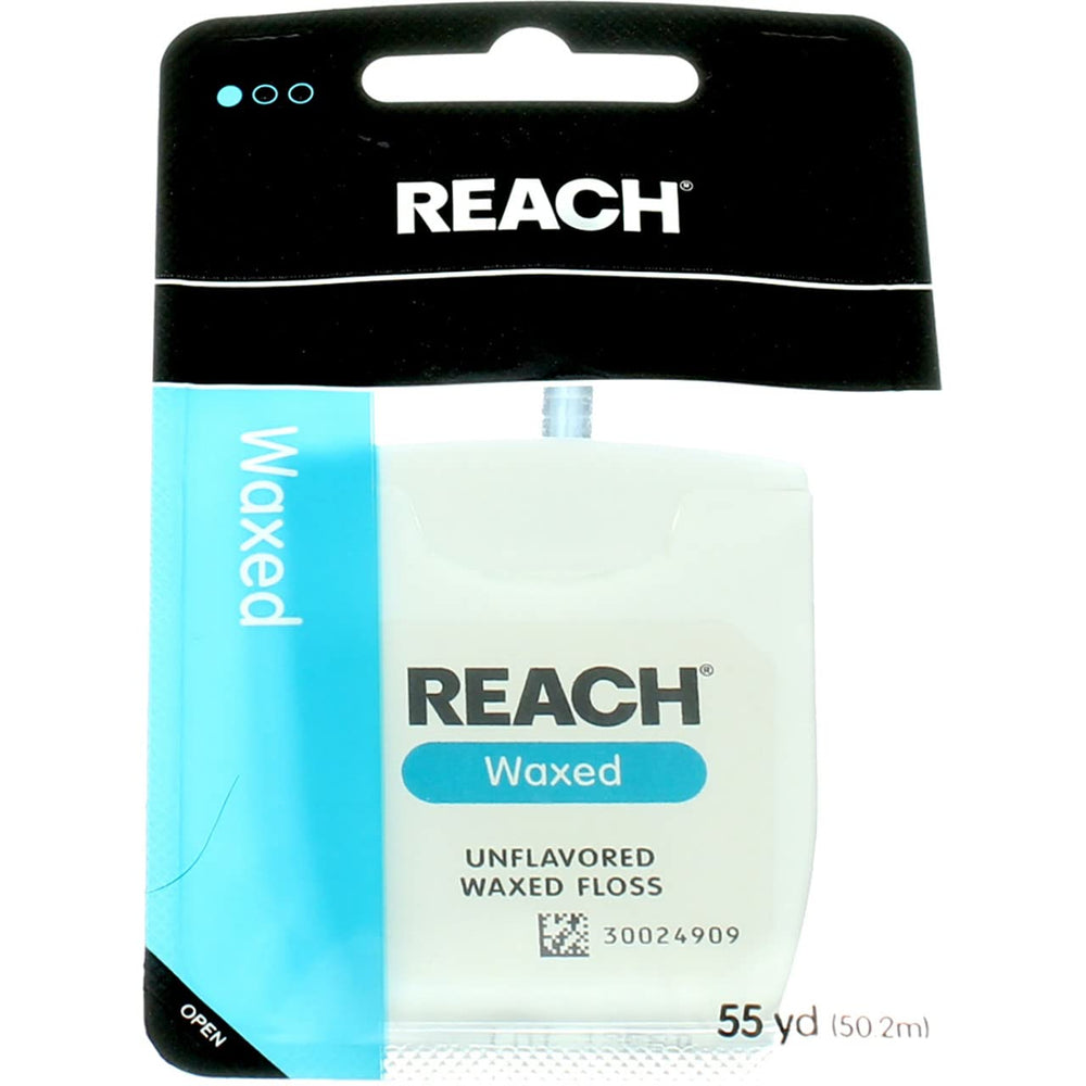 Close-up of Reach unflavored waxed dental floss 55 yds