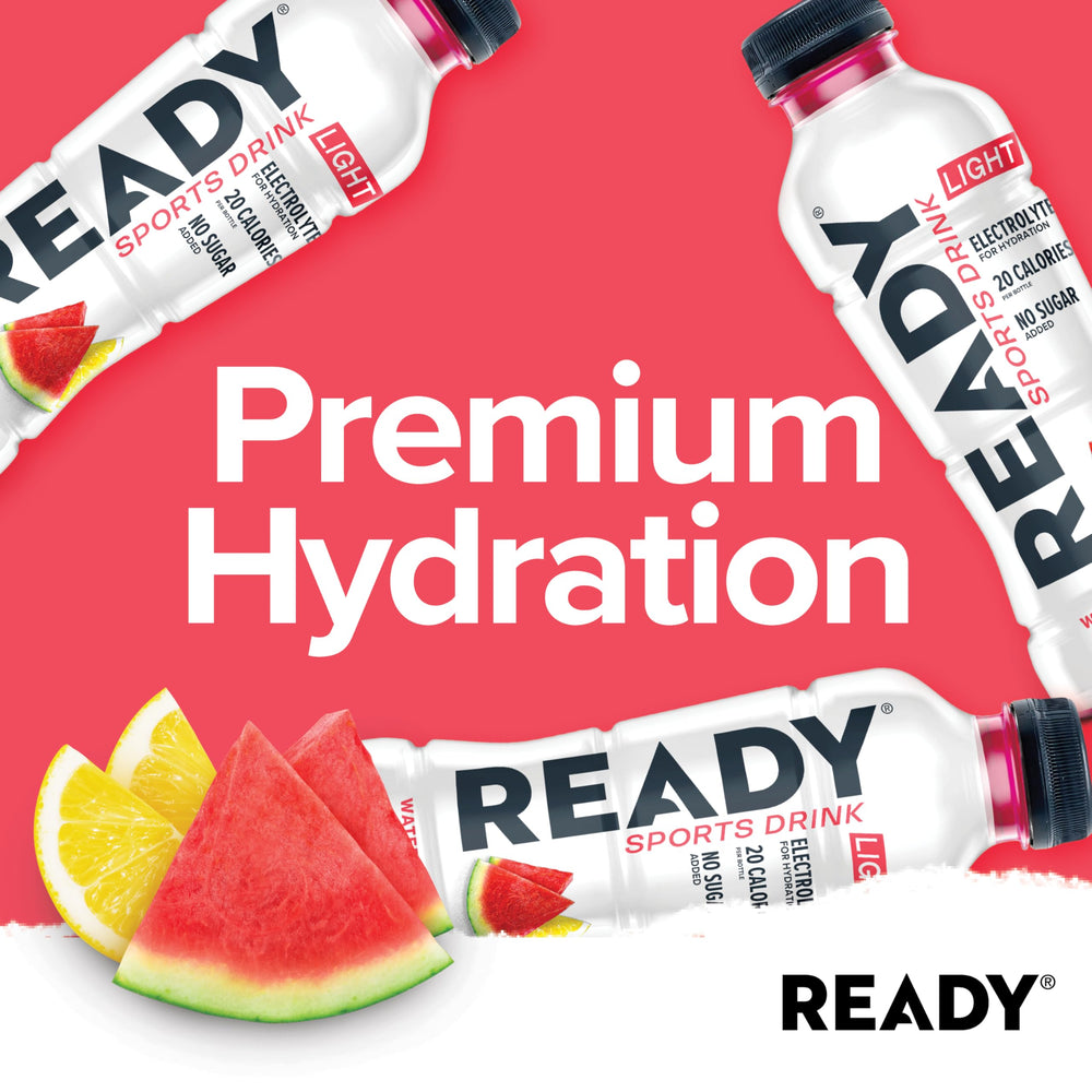 12-pack display of Ready Sports Drink Lite Watermelon Lemonade