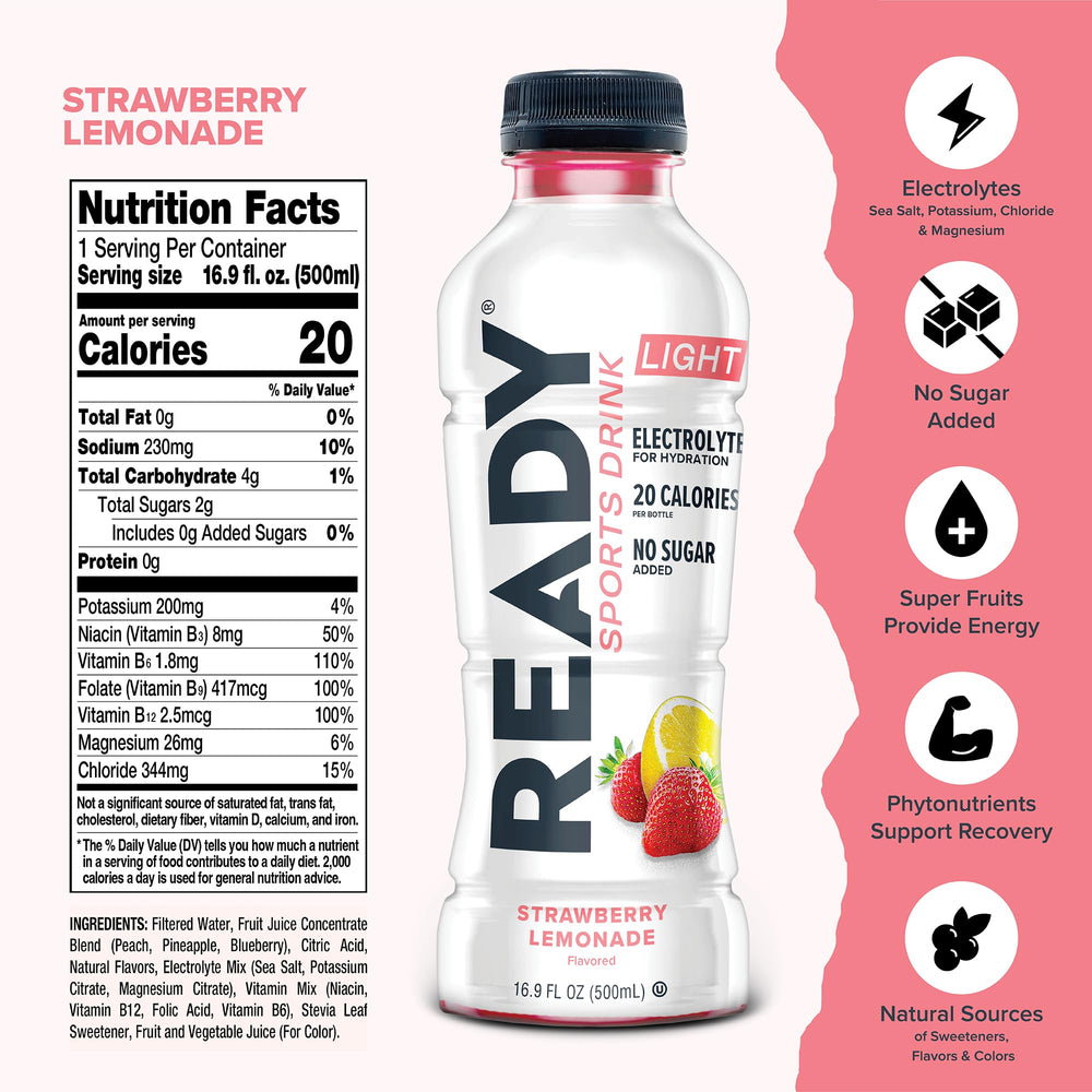Ready Sports Drink Lite Strawberry Lemonade 16.9 oz bottle close-up