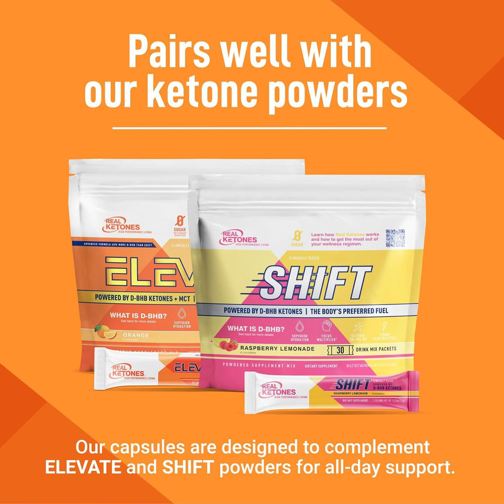 Real Ketones Keto BHB salts capsules label detail highlights ingredients and clean energy profile.