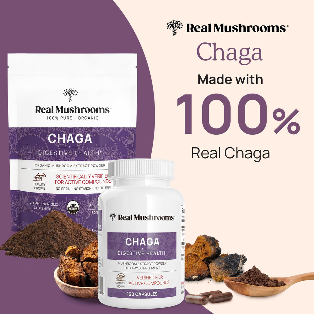 Close-up of Real Mushrooms Chaga capsules