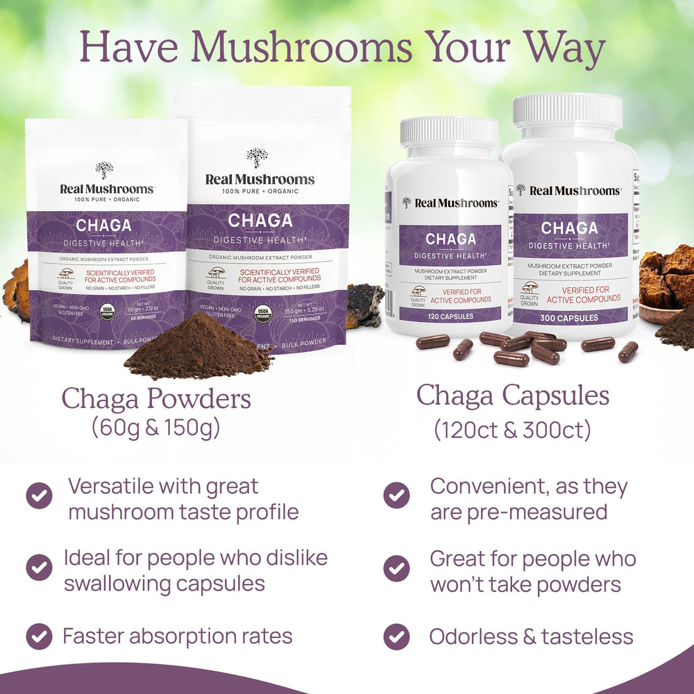 Vegan, non-GMO, gluten-free Real Mushrooms Chaga capsules