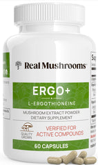 Bottle of Real Mushrooms Ergothioneine supplement with golden oyster mushroom imagery