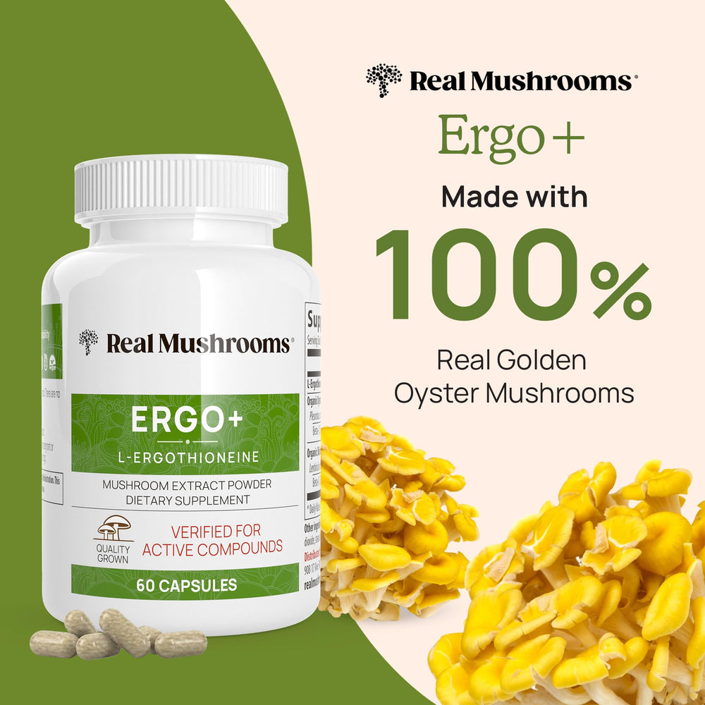Close-up of Ergothioneine capsules from Real Mushrooms supplement