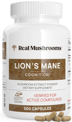 Real Mushrooms Lion's Mane capsules bottle on white background