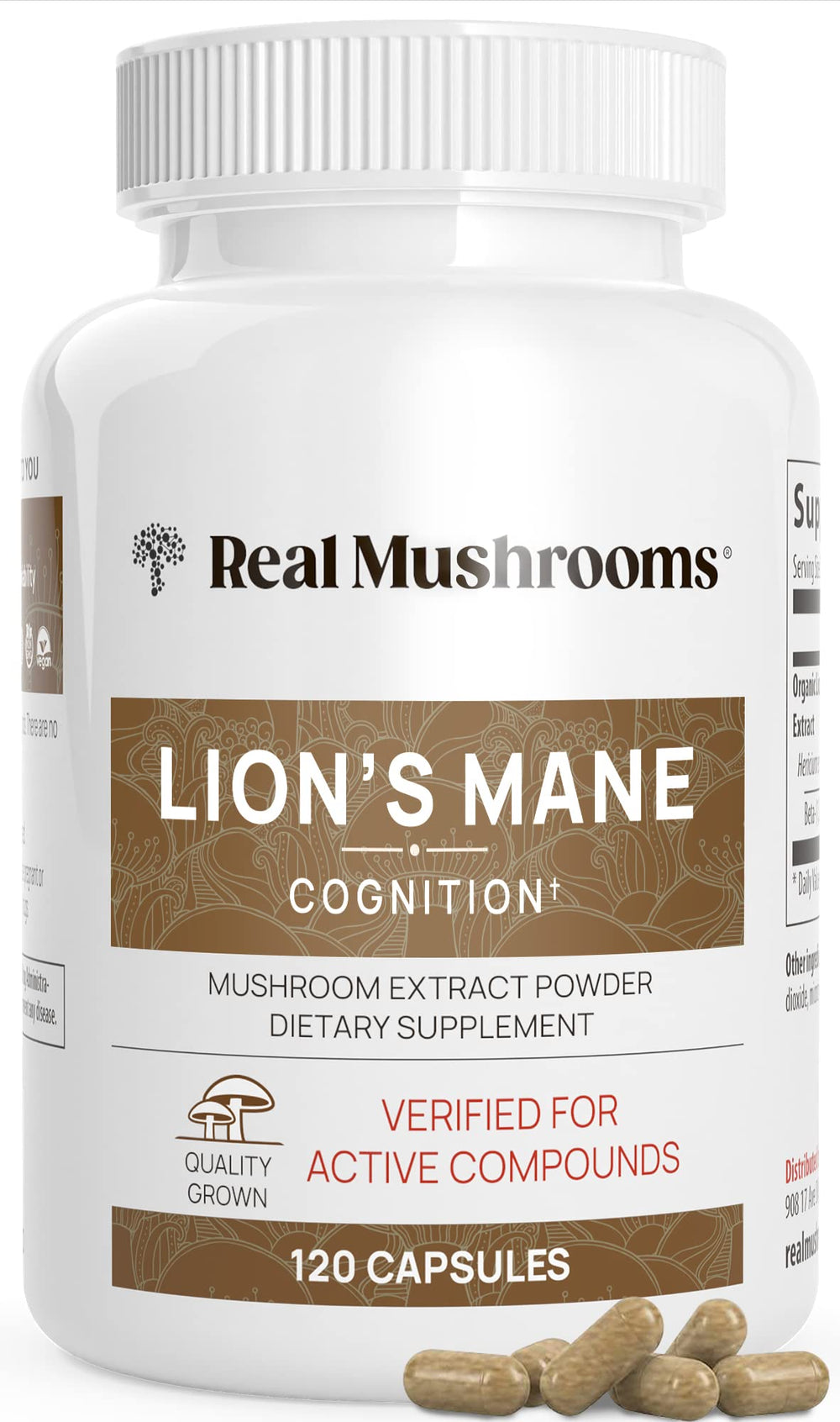 Real Mushrooms Lions Mane capsules bottle for convenient daily cognitive support.