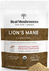 Real Mushrooms Lions Mane extract powder tub for organic daily wellness.