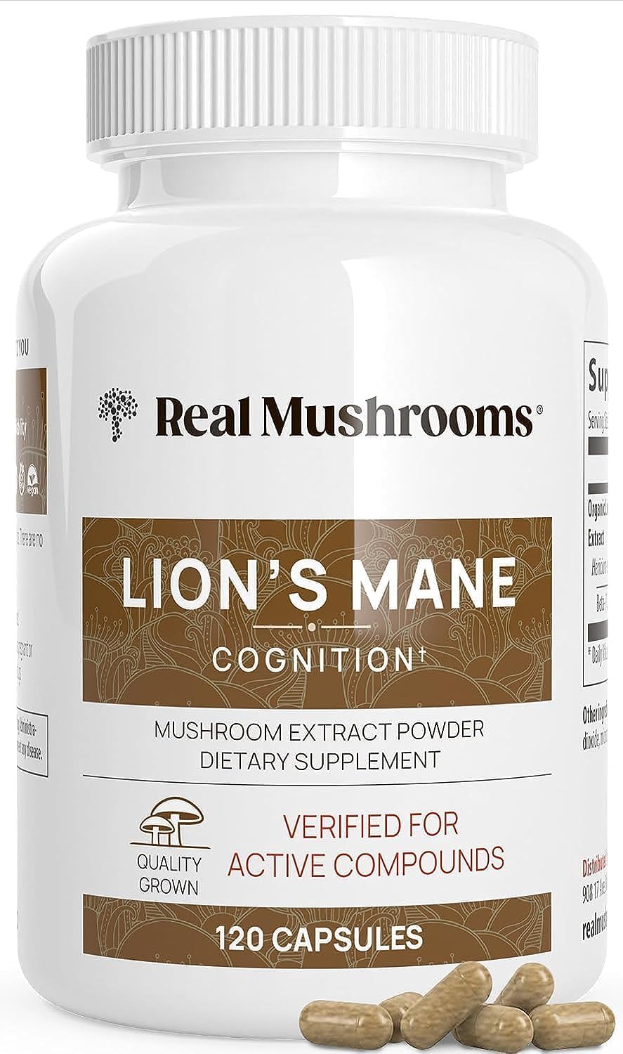 Real Mushrooms Lions Mane mushroom fruiting bodies image emphasizing 100% mushrooms.