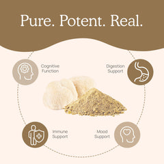 Real Mushrooms Lions Mane label view shows vegan, gluten-free formula.