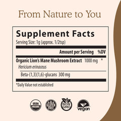Real Mushrooms Lions Mane organic powder labeled for certified organic production.