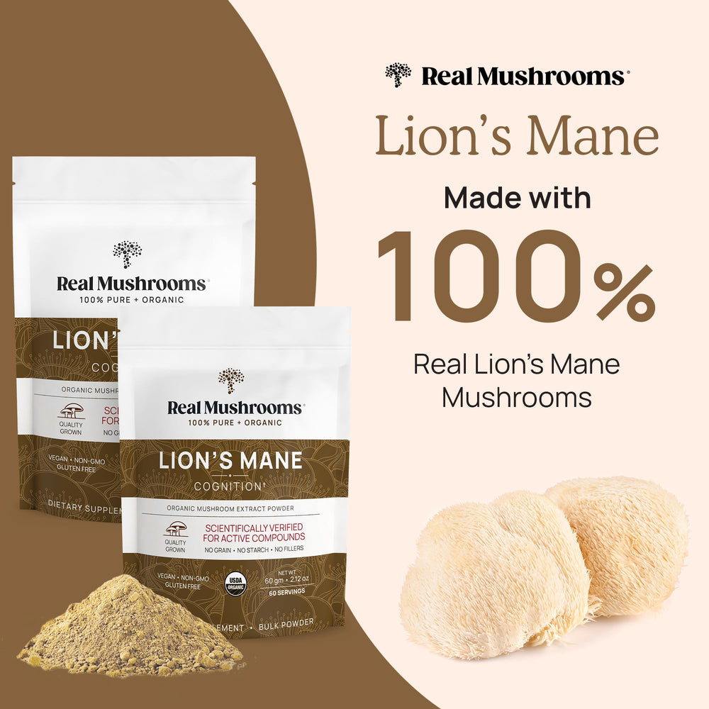 Real Mushrooms Lion's Mane powder being poured into a mug for easy coffee mix.