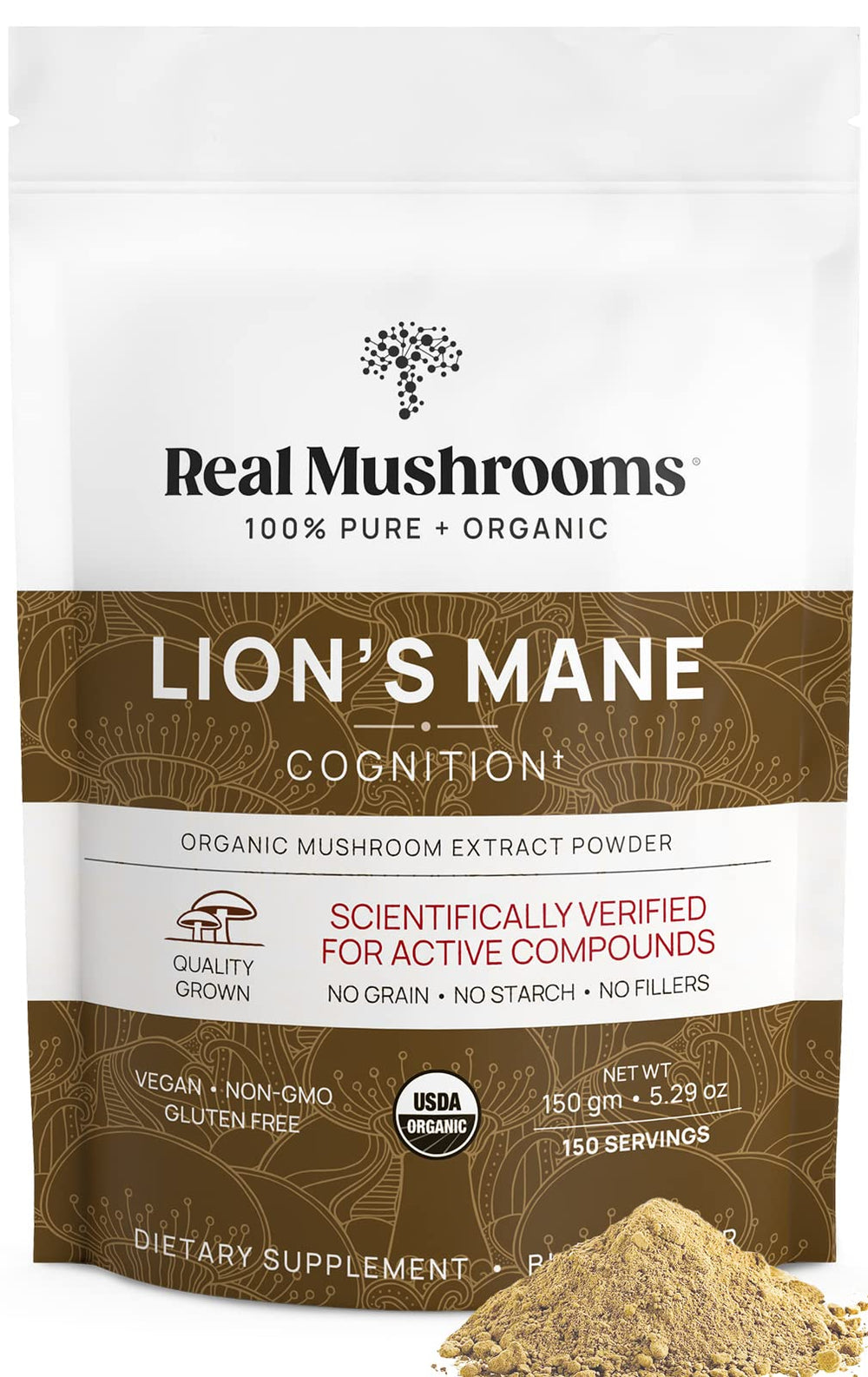 Real Mushrooms Lion's Mane supplement powder made from fruiting bodies