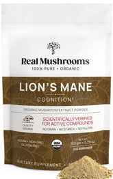 Real Mushrooms Lion's Mane supplement powder made from fruiting bodies