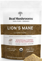 Real Mushrooms Lions Mane supplement bottle and label