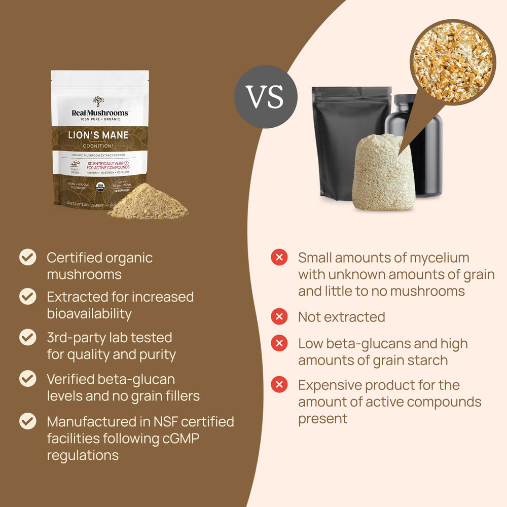 Real Mushrooms Lions Mane vegan gluten-free supplement for clean routines.