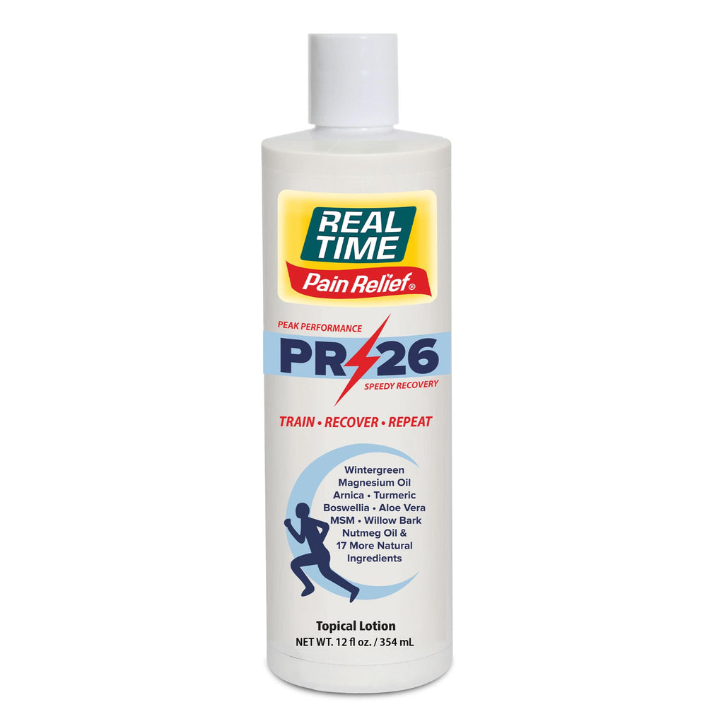 Real Time Pain Relief PR-26 bottle front label highlights fast-absorbing formula for athletes.