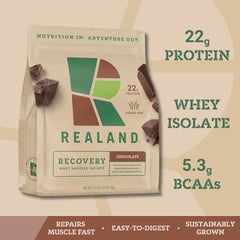 Realand Whey Isolate Chocolate tub—premium fast-absorbing protein