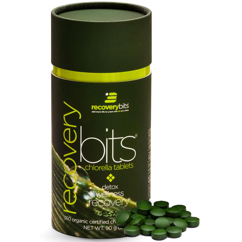 Front view of RECOVERYbits Organic Chlorella Tablets bottle