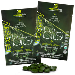 Bottle front view of RECOVERYbits Organic Chlorella Tablets