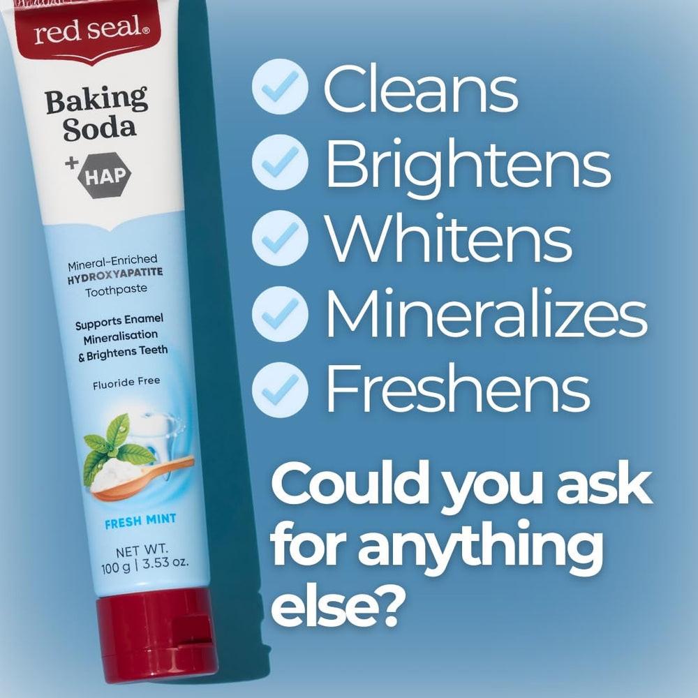 Close-up of Red Seal Hydroxyapatite baking soda toothpaste label